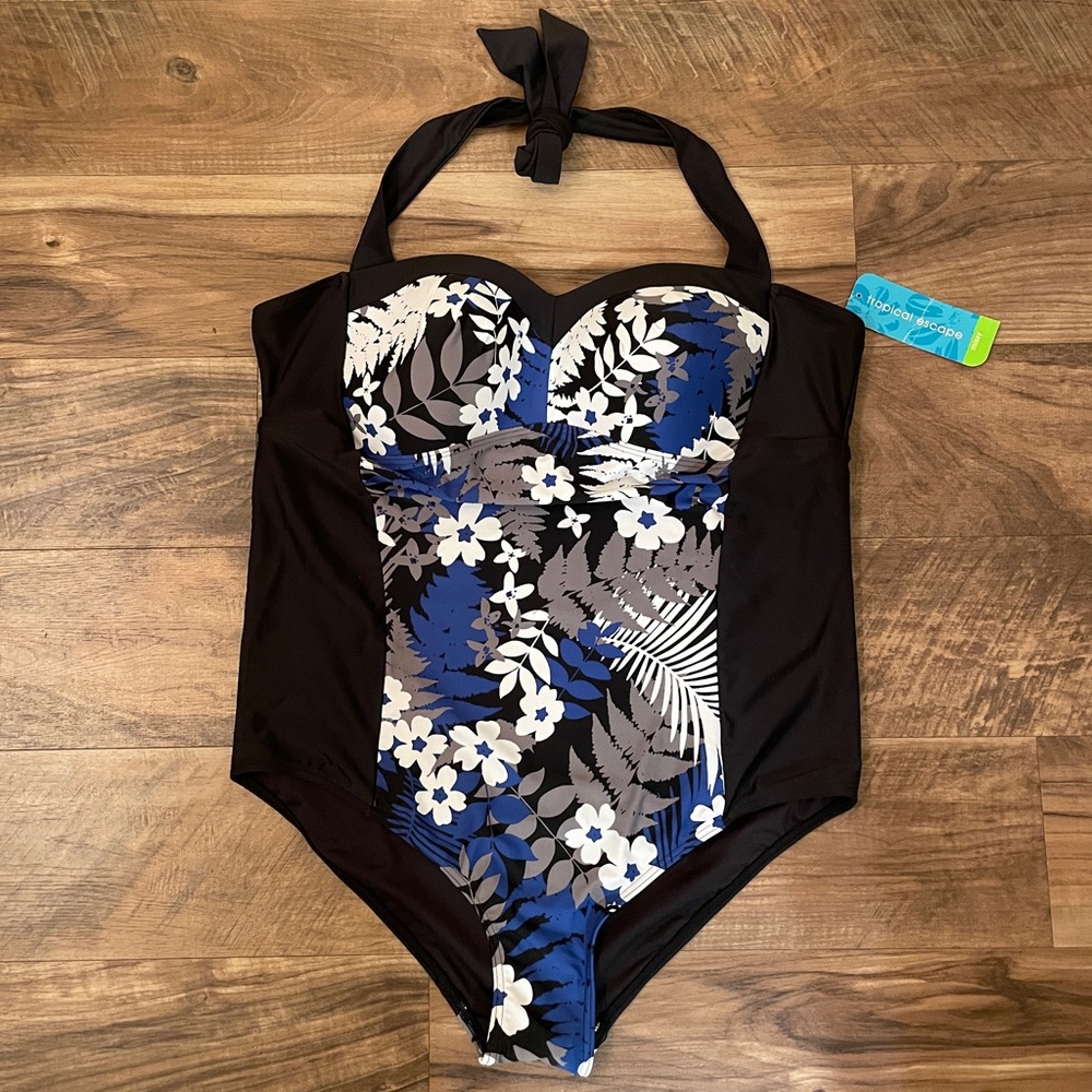Tropical Escape Women's Floral Blue and Black Swimsuit Size 18W - Picture 9 of 12